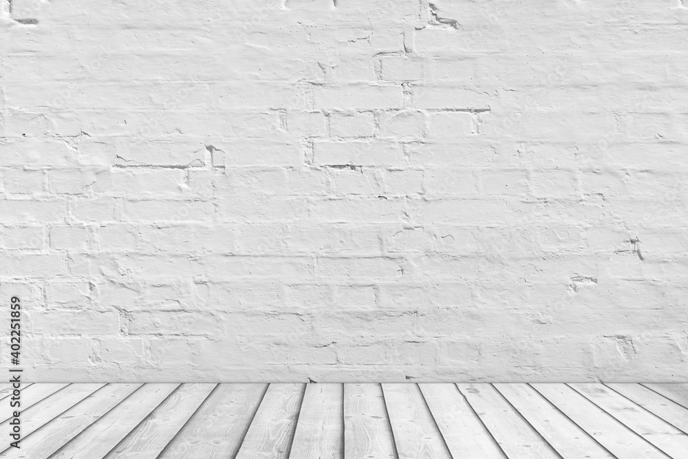 Fototapeta premium Empty Room with White Brick Grunge Wall and Plank Wooden Floor. 3d Rendering
