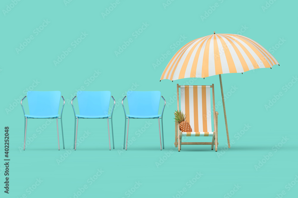 Vacation Concept. Beach Chair, Umbrella and Pineapple in Row with Office Chairs. 3d Rendering