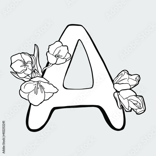 Floral letter A with freehand illustration of flowers. Isolated hand drawn vector letter for unique decoration, design, florist, logo, wedding, baby shower, inwitation, greeting cards or business card