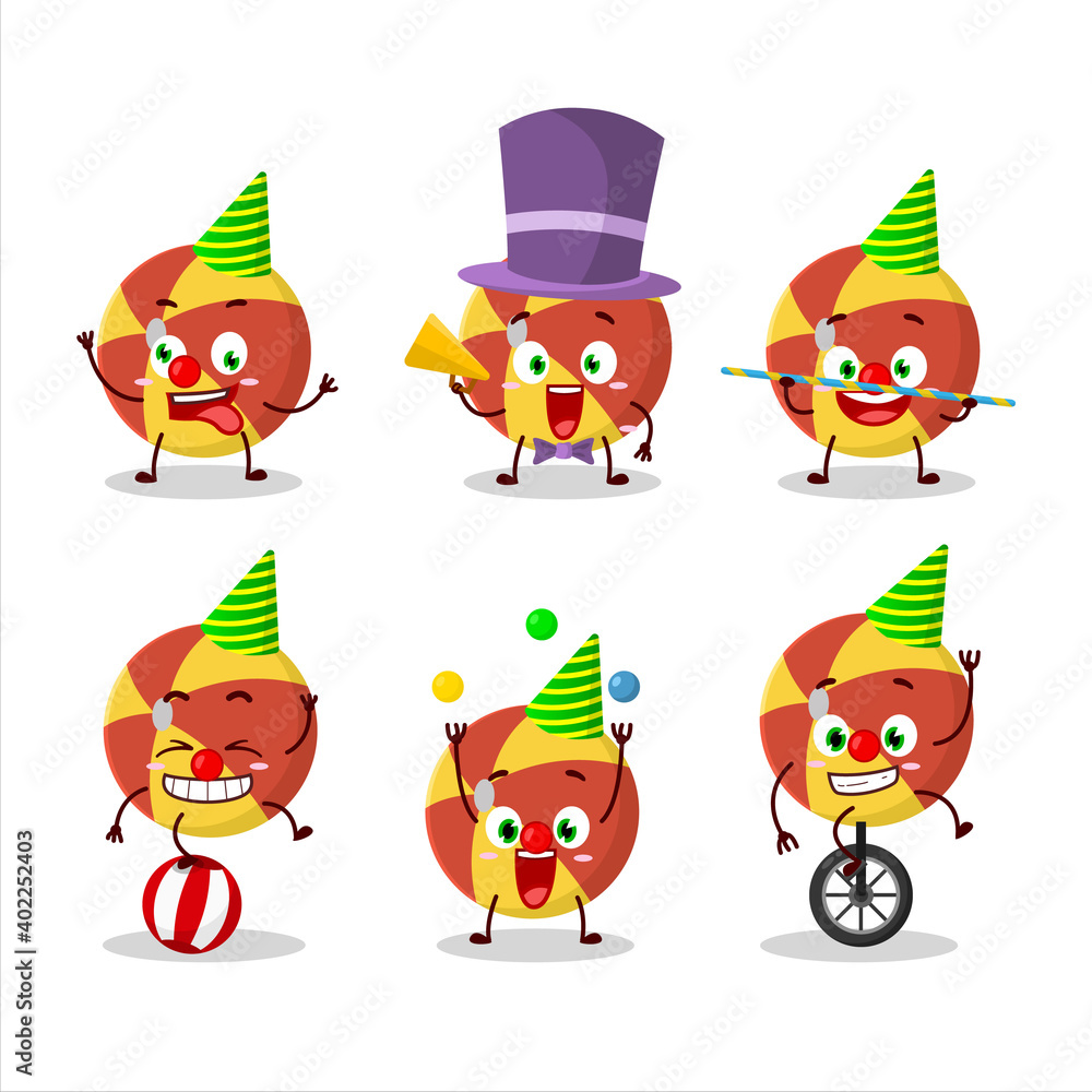 Cartoon character of red stripes beach ball with various circus shows Cartoon character of red stripes beach ball with various circus shows