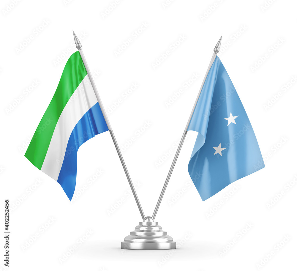 Micronesia and Sierra Leone table flags isolated on white 3D rendering