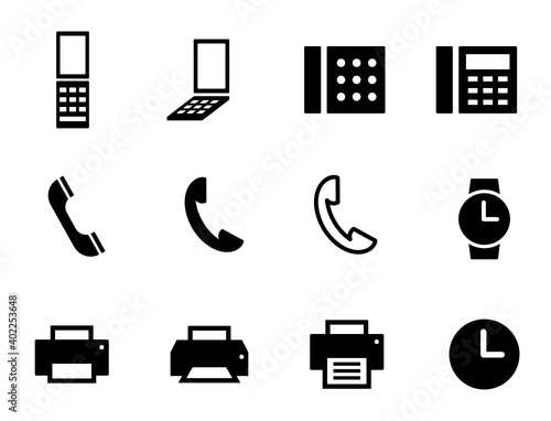 電話,携帯電話,固定電話,プリンター,時計のアイコン。シンプルなシルエットで使いやすいイラストのセット。