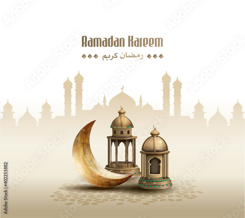 islamic greeting ramadan kareem card design background with beautiful lanterns and crescent