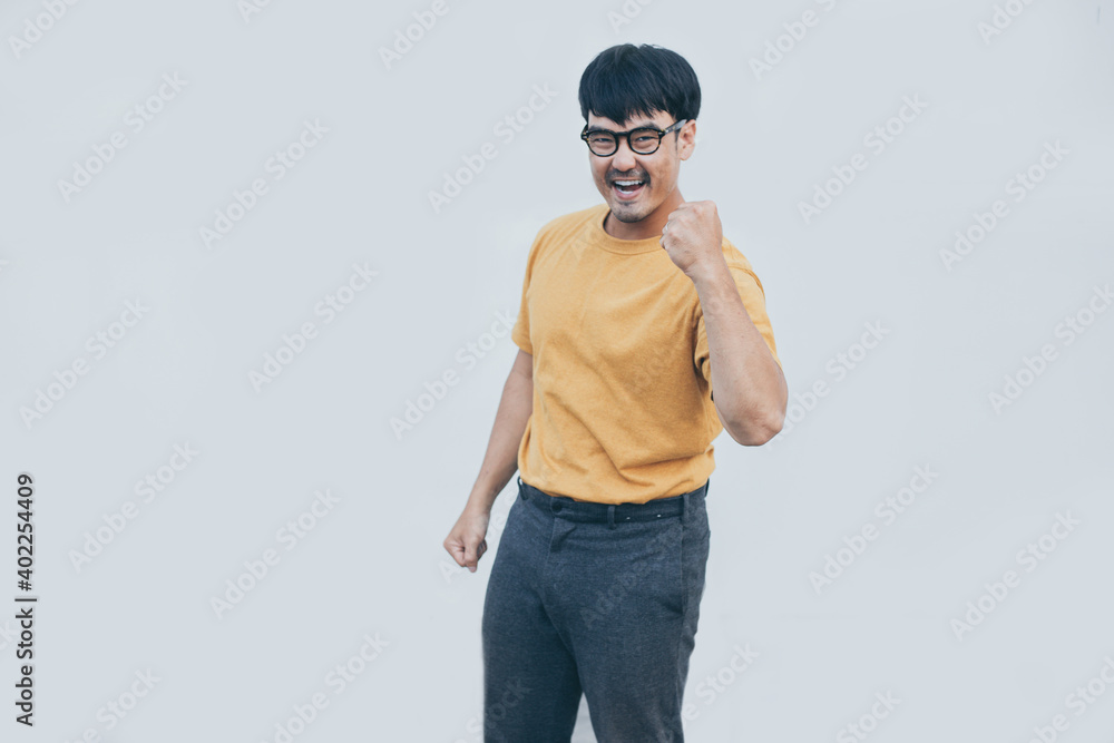 Fototapeta premium adult asian man.young male wear eye glasses.posing smiling look excited surprised thinking positive happy joy life.empty,copy space for text advertising.white background.attractive fashion people