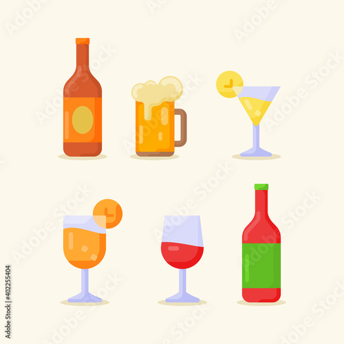 drink beverage icon set collection package cold beer cocktail mocktail red wine glass bottle white isolated background with flat color style