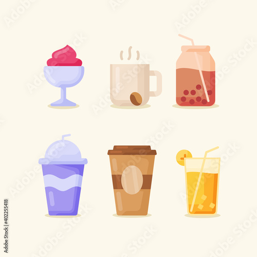 drink beverage icon set collection package hot cold ice cream coffee bubble tea milk shake chocolate juice glass paper cup plastic white isolated background with flat color style