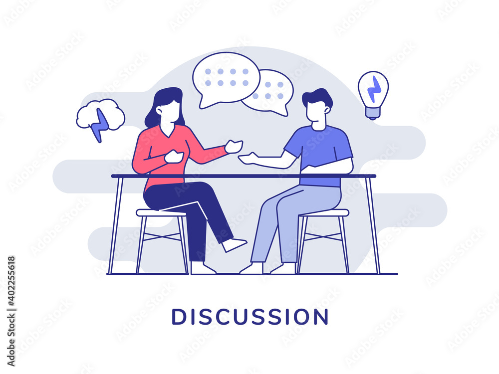 discussion concept people women men sit on chair behind table bubble talk idea brainstorming with flat color style discussion concept people women men sit on chair behind table bubble talk idea brainstorming with flat color style