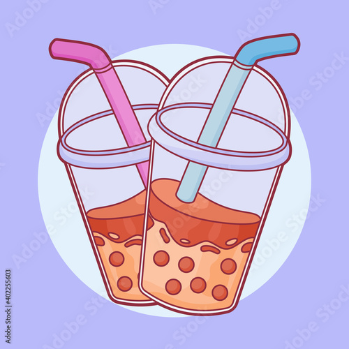 boba drink bubble tea in plastic cup pipette taiwanese asian drink with flat full color outline style