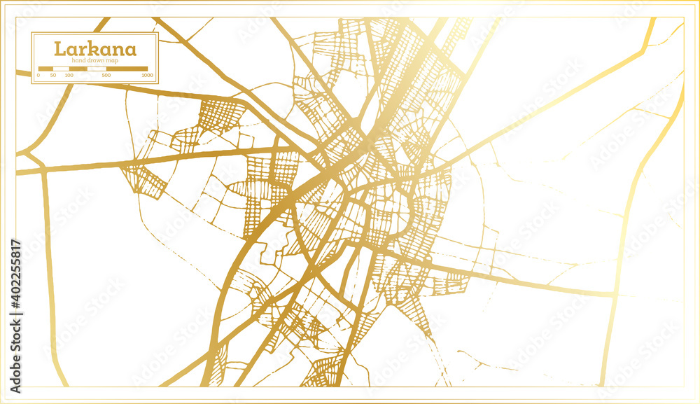 Larkana Pakistan City Map in Retro Style in Golden Color. Outline Map.