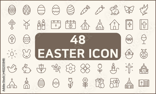 Set of 48 easter and christianity Icons line style. Contains such Icons as eggs, religion, bunny, gifts, spring, rabbit, celebration, decoration, church And Other Elements.