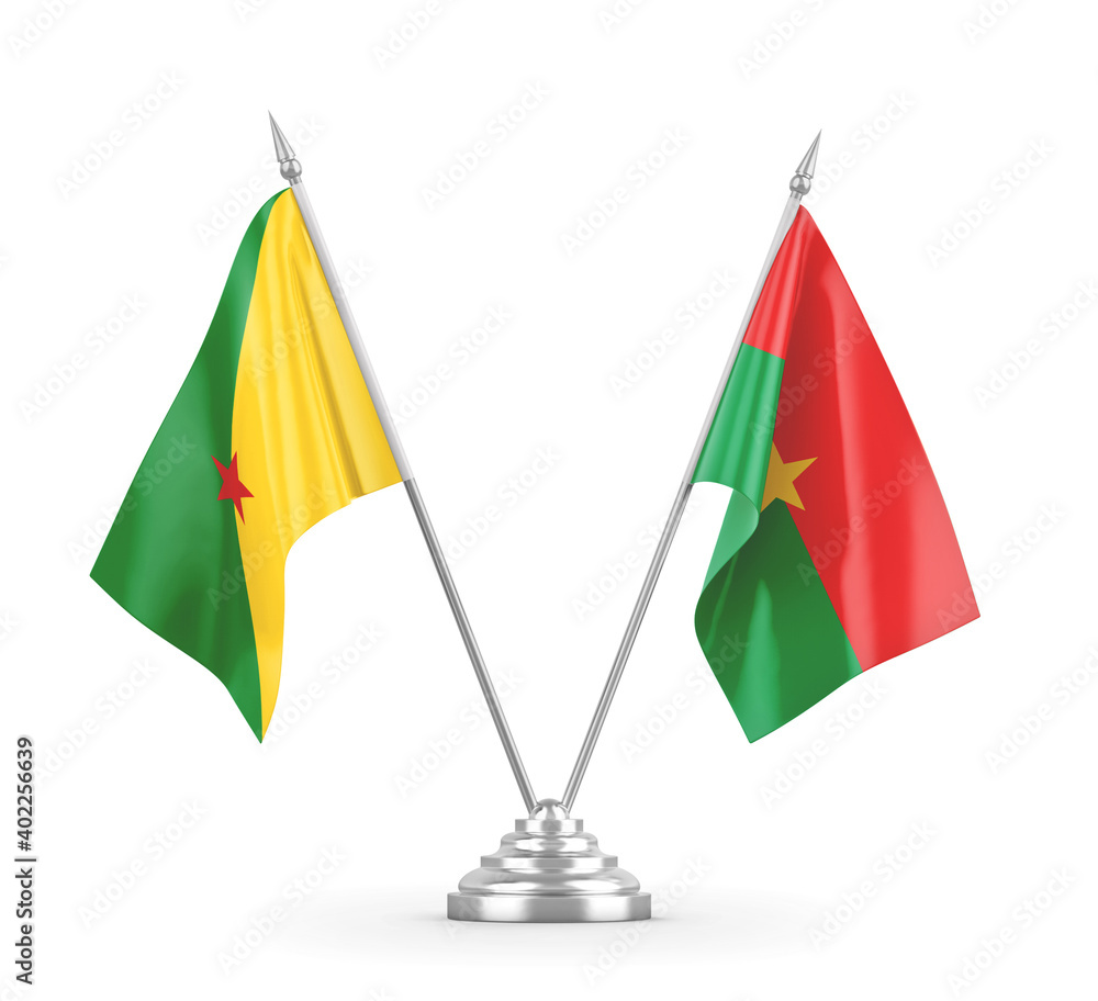 Burkina Faso and French Guiana table flags isolated on white 3D rendering