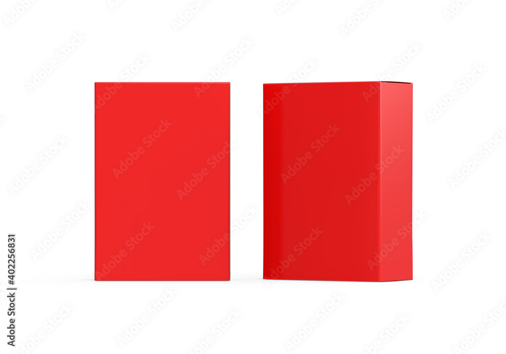 Red blank cardboard package box mockup template on isolated white background, ready for design presentation, 3d illustration Red blank cardboard package box mockup template on isolated white background, ready for design presentation, 3d illustration