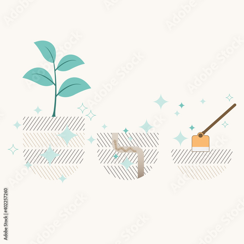 Soil treating process for sustainable agriculture. Soil conservation concept. Vector illustration outline flat design style.