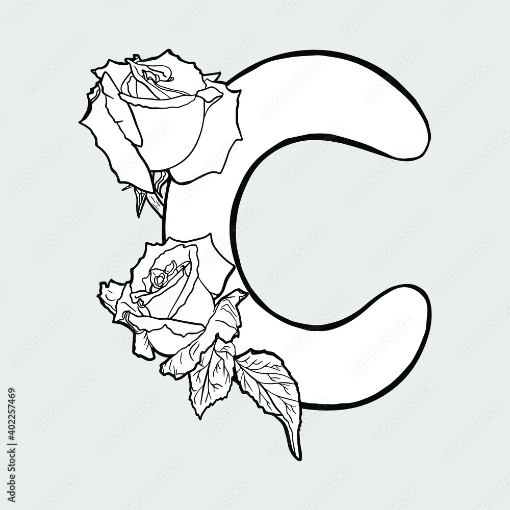 Line art painting of letter C with rose frowers. Isolated hand drawn vector icon for unique decoration, design, florist, logo, wedding, baby shower, inwitation, greeting cards or busines cards Line art painting of letter C with rose frowers. Isolated hand drawn vector icon for unique decoration, design, florist, logo, wedding, baby shower, inwitation, greeting cards or busines cards