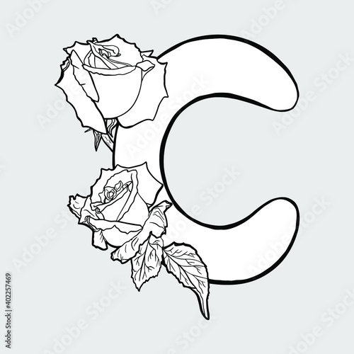 Line art painting of letter C with rose frowers. Isolated hand drawn vector icon for unique decoration, design, florist, logo, wedding, baby shower, inwitation, greeting cards or busines cards