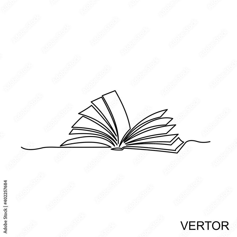 Continuous One Line Drawing Open Book With Flying Pages. Vector