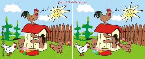 Find ten differences, leisure activity, dog, hens and rooster in the garden, funny vector illustration