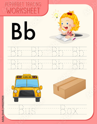 Alphabet tracing worksheet with letter and vocabulary