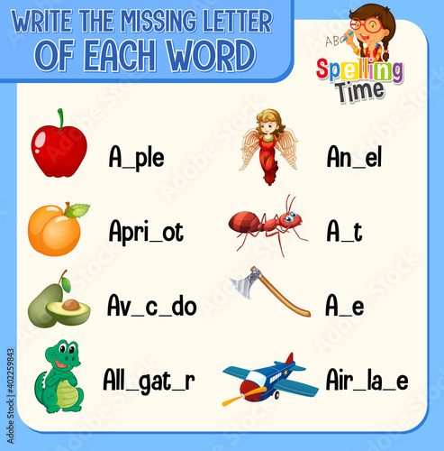 Fill the missing letter of each word worksheet for children