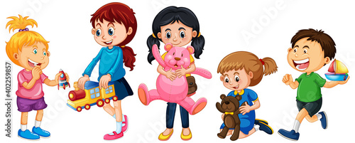 Group of young children cartoon character on white background