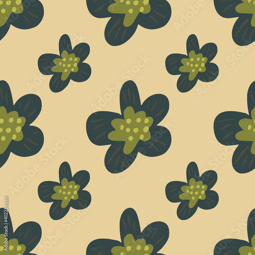 Abstract seamless pattern with simple flowers ornament. Dirsy print in green and grey colors.