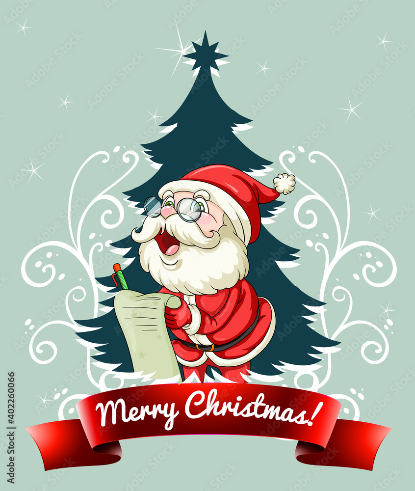 Merry Christmas 2020 font banner with Santa Claus checking children's gift wish list Merry Christmas 2020 font banner with Santa Claus checking children's gift wish list