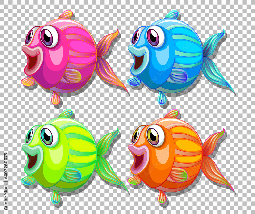 Fototapeta premium Set of different color fish with big eyes cartoon character on transparent background