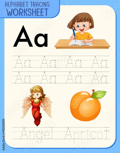 Alphabet tracing worksheet with letter and vocabulary
