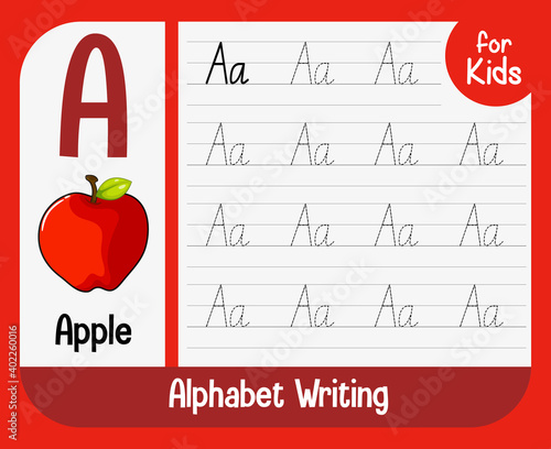 Alphabet tracing worksheet with letter and vocabulary