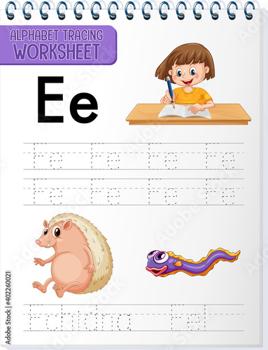 Alphabet tracing worksheet with letter and vocabulary