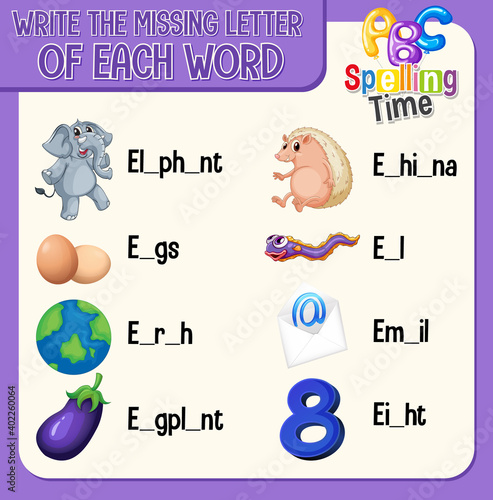 Fill the missing letter of each word worksheet for children