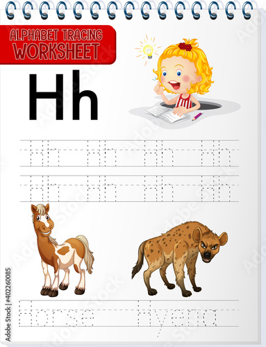 Alphabet tracing worksheet with letter and vocabulary