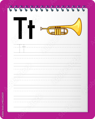 Alphabet tracing worksheet with letter T and t