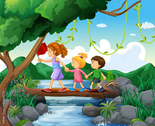 Explorer kid walking in the forest with teacher