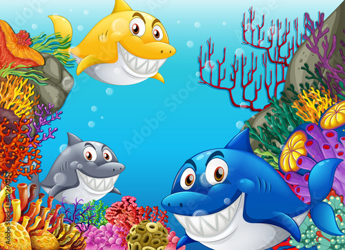 Fototapeta Naklejka Na Ścianę i Meble -  Many sharks cartoon character in the underwater background