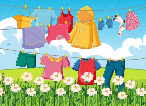 Cloyhes drying outdoor scene