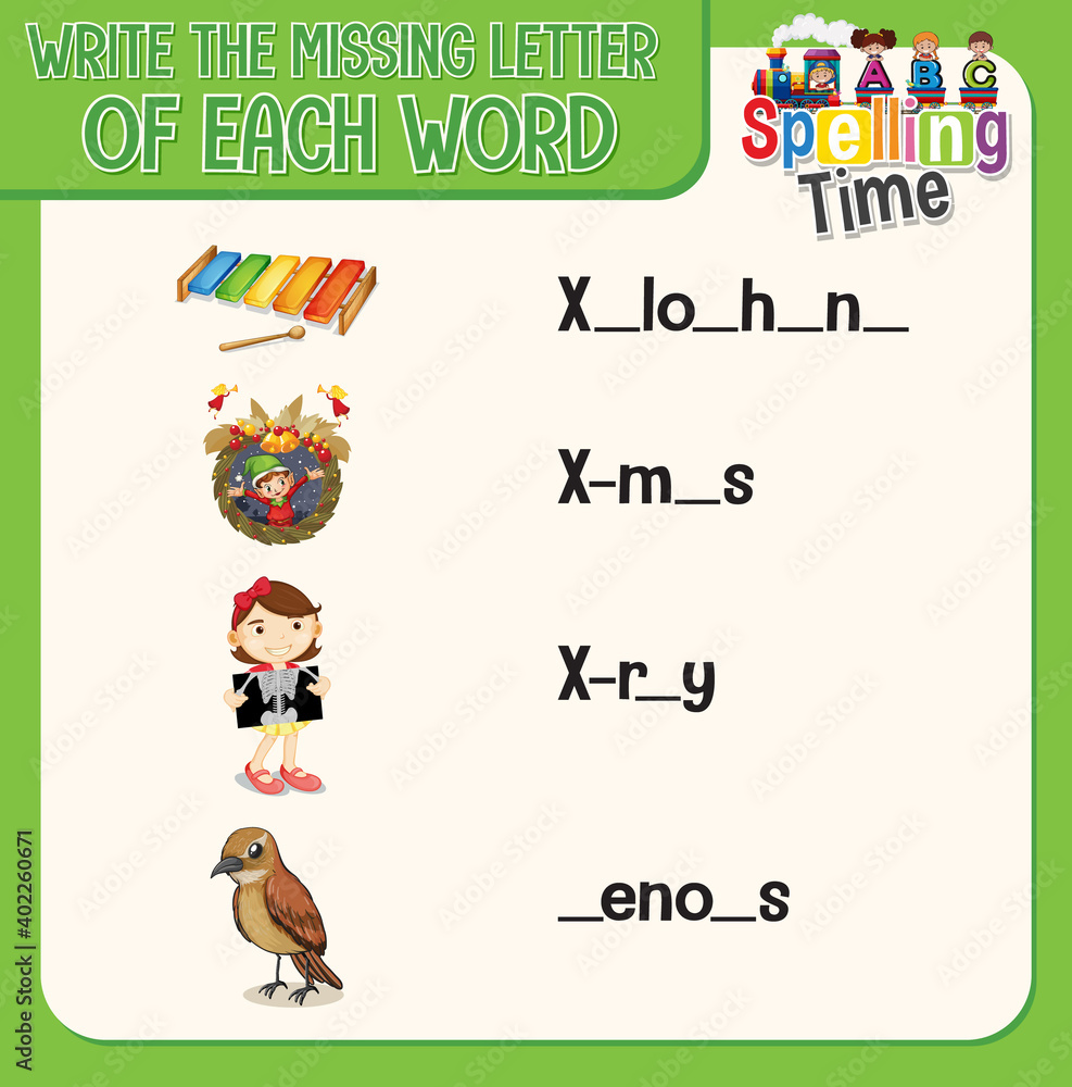 Write the missing letter of each word worksheet for children