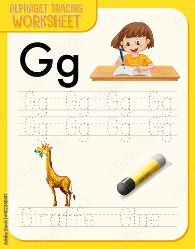 Alphabet tracing worksheet with letter and vocabulary