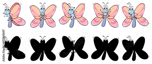 Set of insect cartoon character and its silhouette on white background