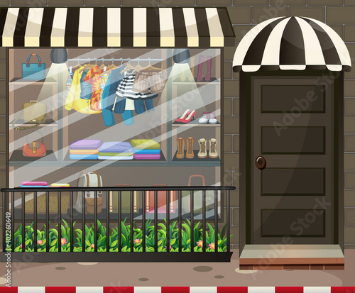 Front of clothing store showcase with clothes and accessories