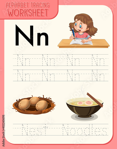 Alphabet tracing worksheet with letter and vocabulary