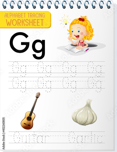 Alphabet tracing worksheet with letter and vocabulary