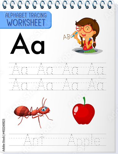 Alphabet tracing worksheet with letter and vocabulary