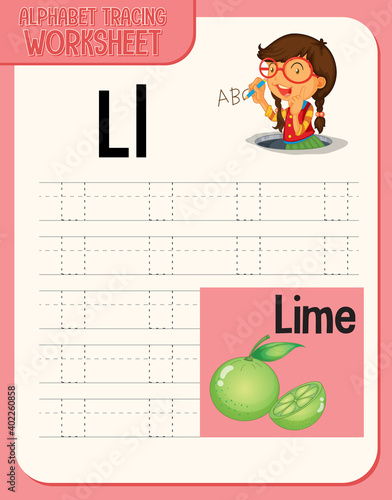 Alphabet tracing worksheet with letter and vocabulary