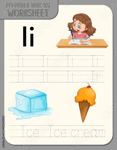 Alphabet tracing worksheet with letter and vocabulary