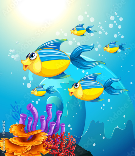 Fototapeta Naklejka Na Ścianę i Meble -  Many exotic fishes cartoon character in the underwater background