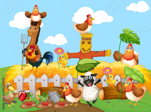 Farm scene with animal farm cartoon style