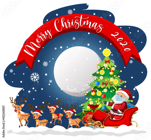Merry Christmas 2020 font banner with Santa Claus and cute reindeer on white background