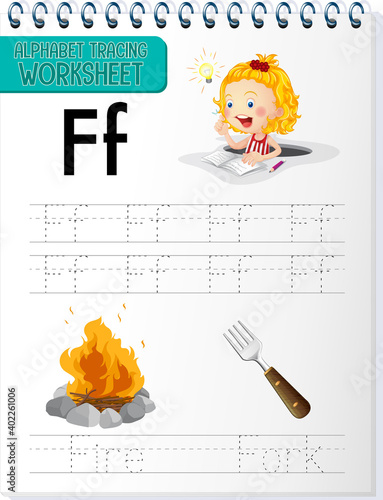 Alphabet tracing worksheet with letter and vocabulary