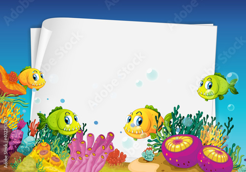 Fototapeta Naklejka Na Ścianę i Meble -  Blank paper banner with exotic fish and undersea nature elements on the underwater background